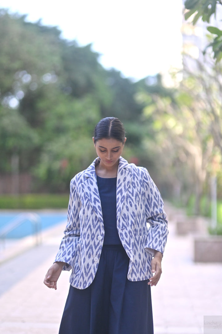 Azure, Handwoven Ikat Fabric Cotton Blazer, Indigo Crop Top & Indigo Pants