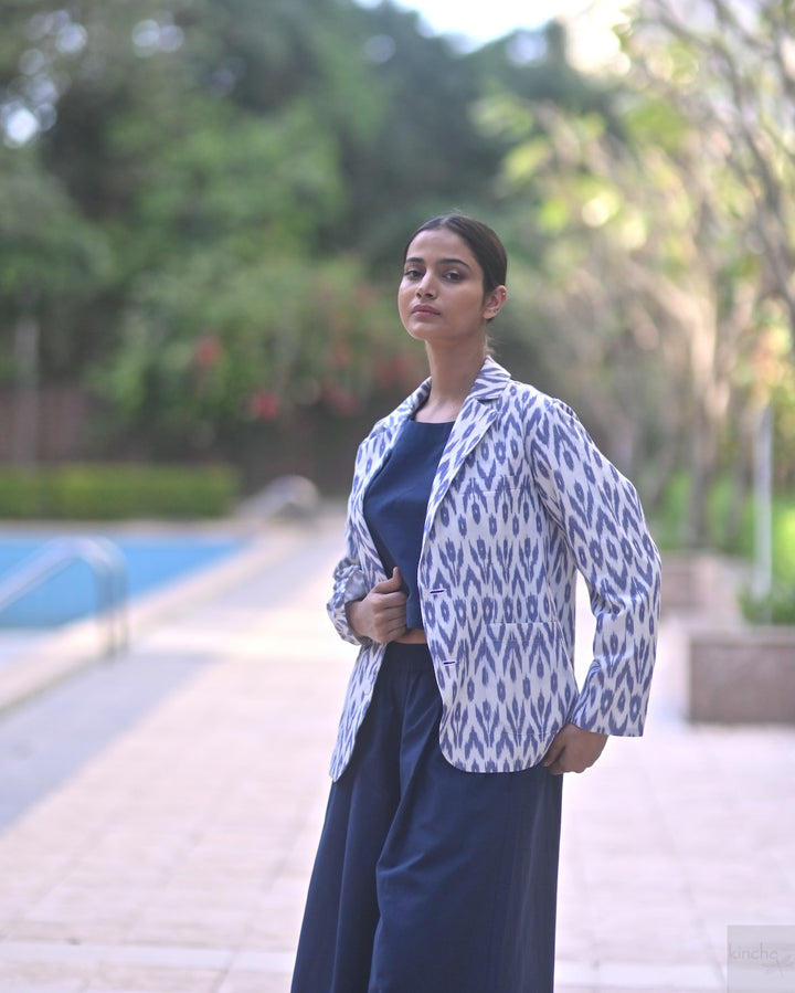 Azure, Handwoven Ikat Fabric Cotton Blazer, Indigo Crop Top & Indigo Pants