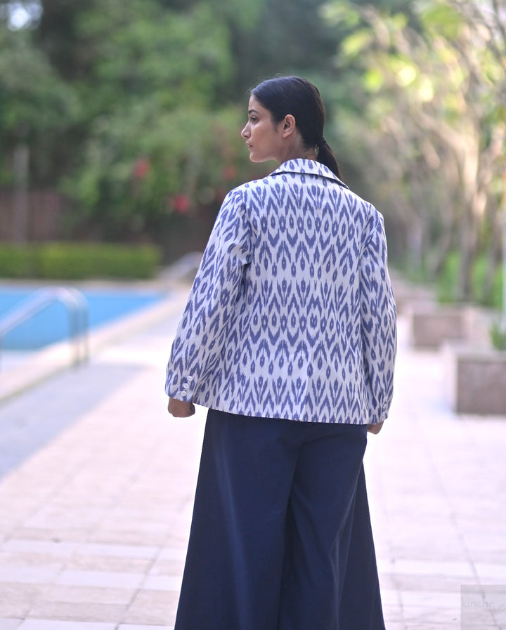 Azure, Handwoven Ikat Fabric Cotton Blazer, Indigo Crop Top & Indigo Pants