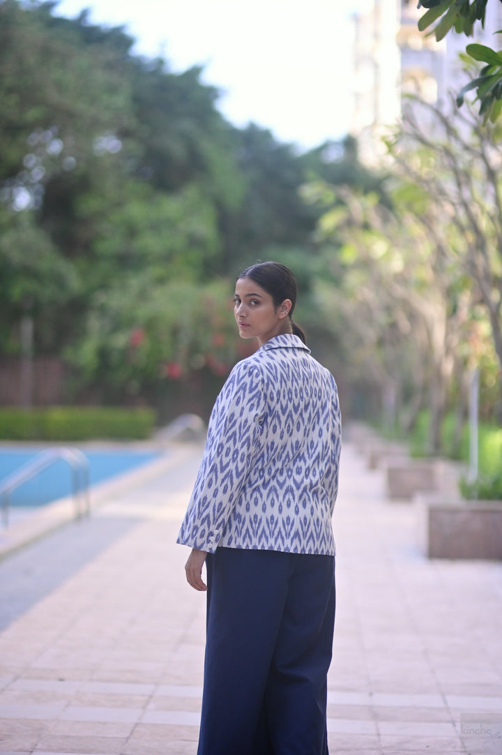 Azure, Handwoven Ikat Fabric Cotton Blazer, Indigo Crop Top & Indigo Pants