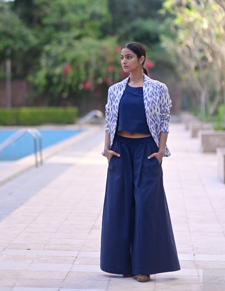 Azure, Handwoven Ikat Fabric Cotton Blazer, Indigo Crop Top & Indigo Pants