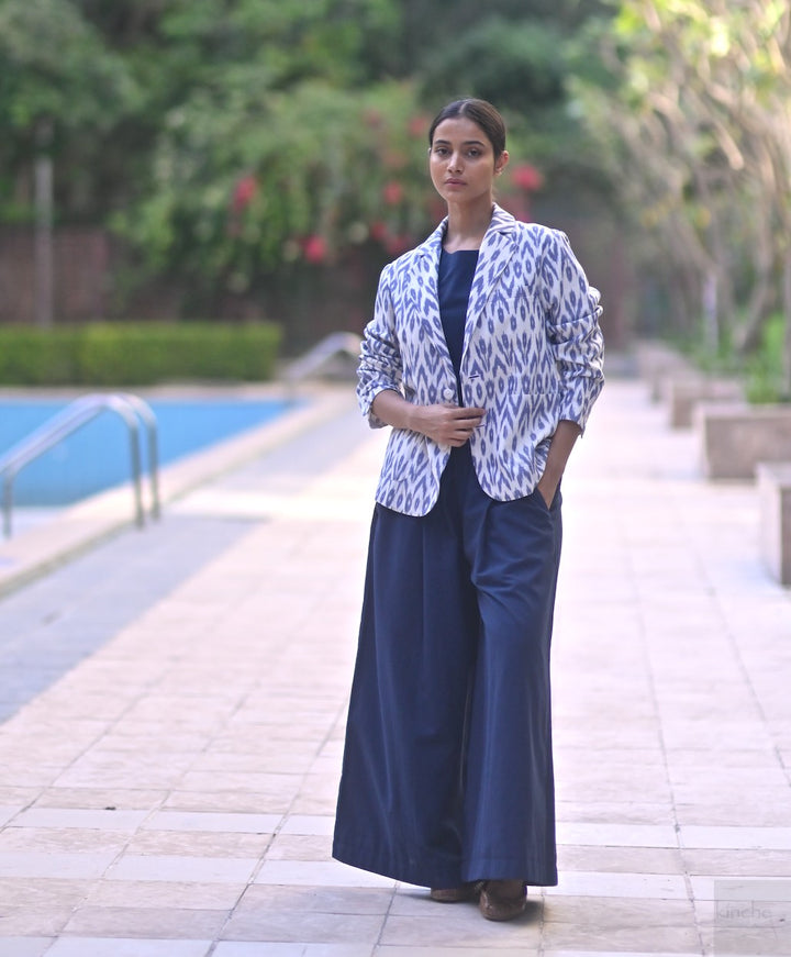 Azure, Handwoven Ikat Fabric Cotton Blazer, Indigo Crop Top & Indigo Pants