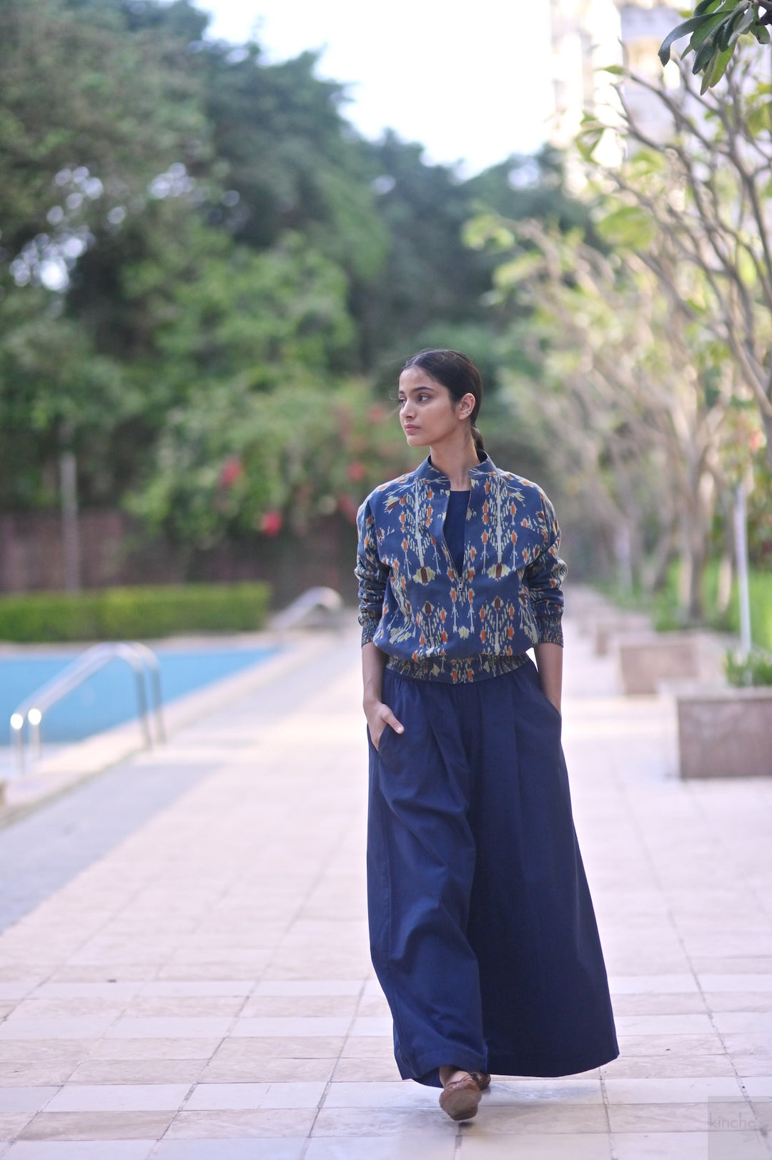 Indus, Ikat Fabric, Solid Indigo/Navy Flared pants, 2 Pockets