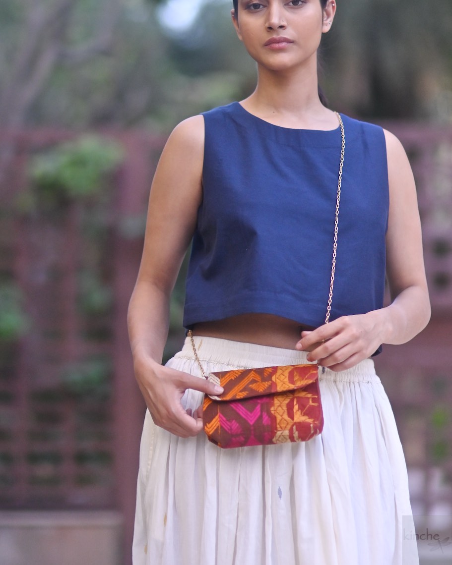 Mini, Notebook Clutch made with Vintage Phulkari Bagh & brass Chain, Small