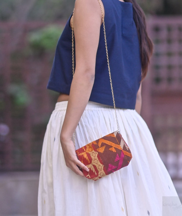 Mini, Notebook Clutch made with Vintage Phulkari Bagh & brass Chain, Small