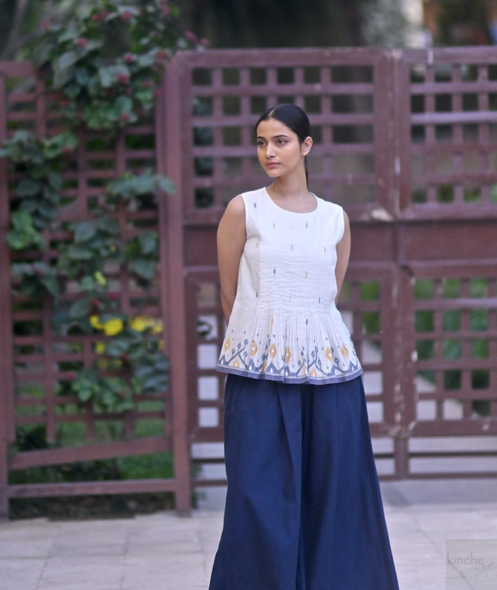 Zero, Handmade Jamdani Weave, Indigo and Off White Sleeveless Blouse