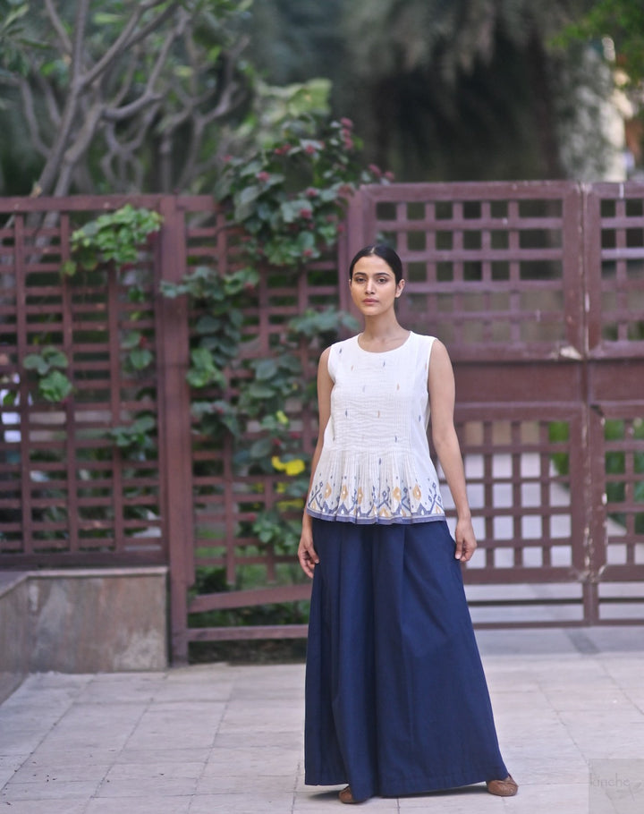 Zero, Handmade Jamdani Weave, Indigo and Off White Sleeveless Blouse