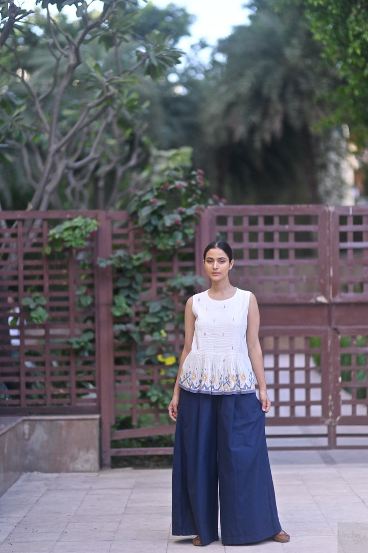 Zero, Handmade Jamdani Weave, Indigo and Off White Sleeveless Blouse