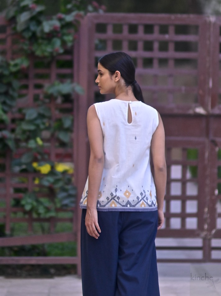 Zero, Handmade Jamdani Weave, Indigo and Off White Sleeveless Blouse