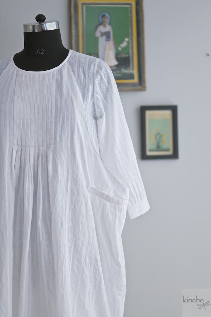Kyoto, White Khadi Layered Dress, White Stripes - kinchecom