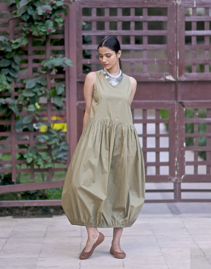June, Khaki poplin Balloon Dress, Elasticised ankle