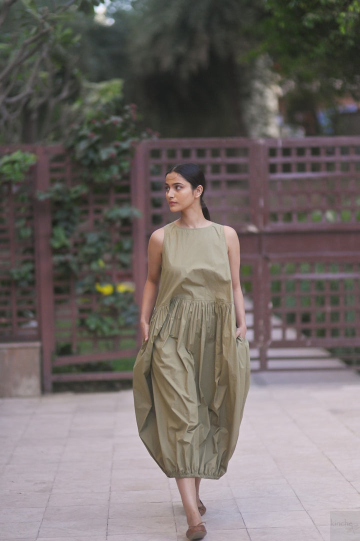 June, Khaki poplin Balloon Dress, Elasticised ankle