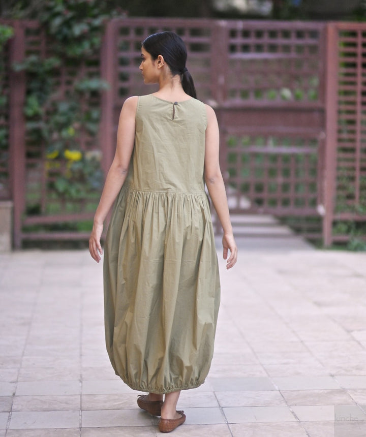 June, Khaki poplin Balloon Dress, Elasticised ankle