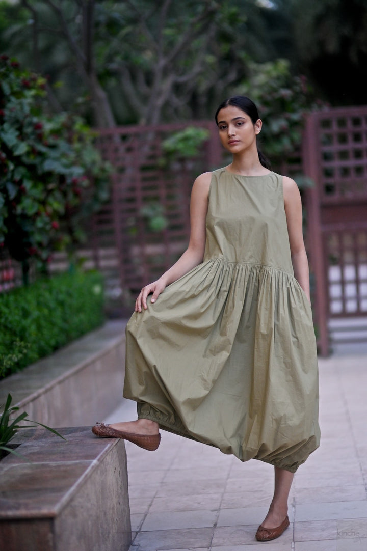 June, Khaki poplin Balloon Dress, Elasticised ankle