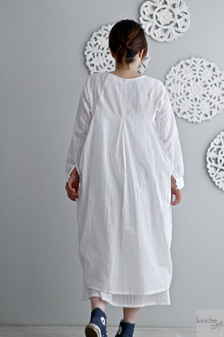 Kyoto, White Khadi Layered Dress, White Stripes - kinchecom