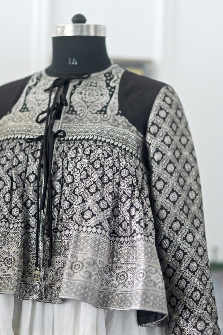 Jana, Vintage Katan Silk Zari Kediya Blouse in Black, Large & XL