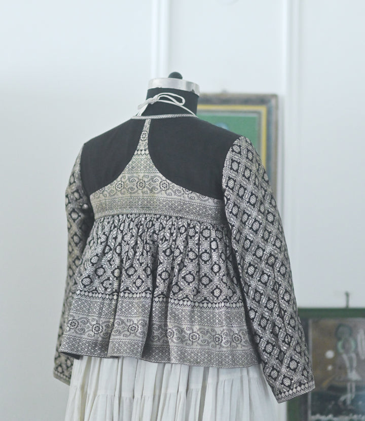 Jana, Vintage Katan Silk Zari Kediya Blouse in Black, Large & XL