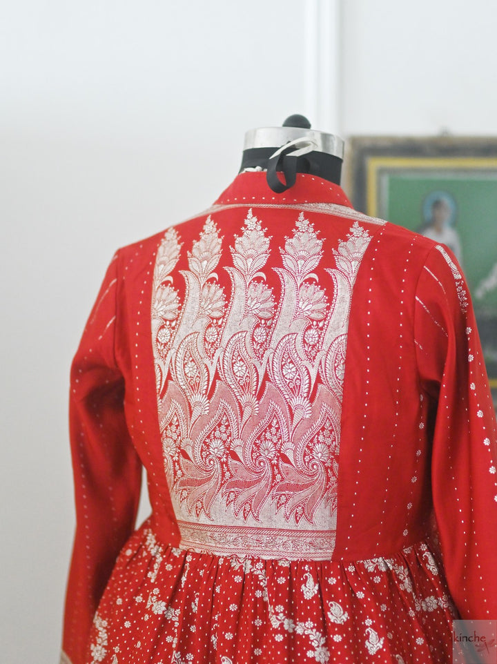 Katha, Vintage Zari Saree Long Jacket in Red and Gold, Large