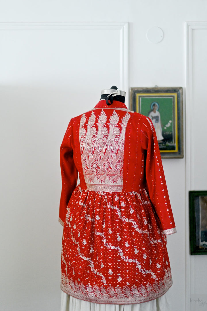 Katha, Vintage Zari Saree Long Jacket in Red and Gold, Large