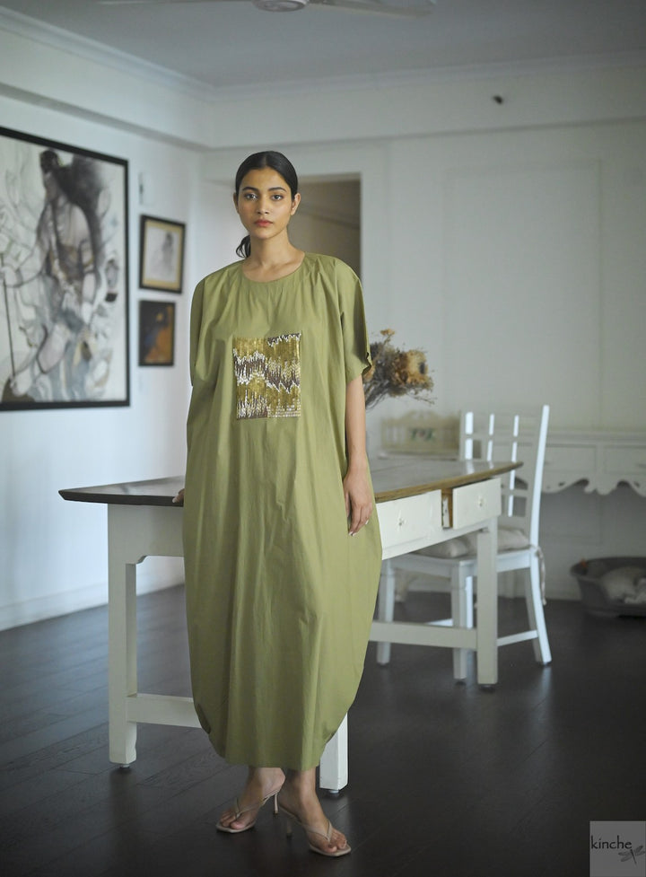 Kia, Cotton Poplin Cocoon Maxi Dress with Glass Beads Hand Embroidery