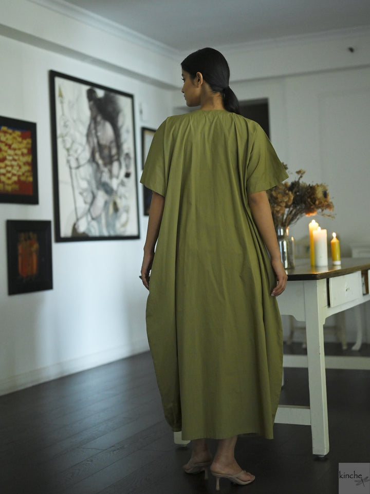 Kia, Cotton Poplin Cocoon Maxi Dress with Glass Beads Hand Embroidery