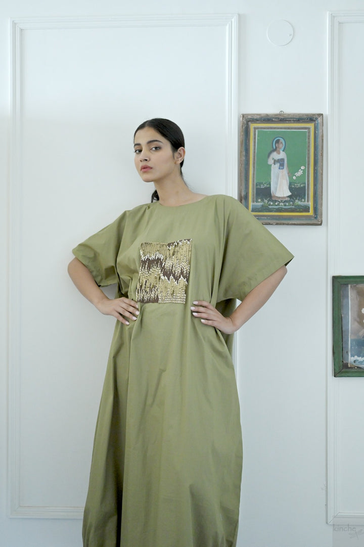 Kia, Cotton Poplin Cocoon Maxi Dress with Glass Beads Hand Embroidery