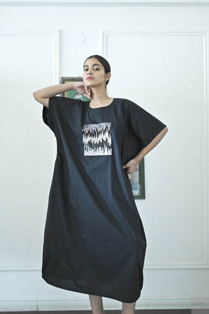 Kia, Cotton Poplin Cocoon Maxi Dress with Glass Beads Hand Embroidery, Black