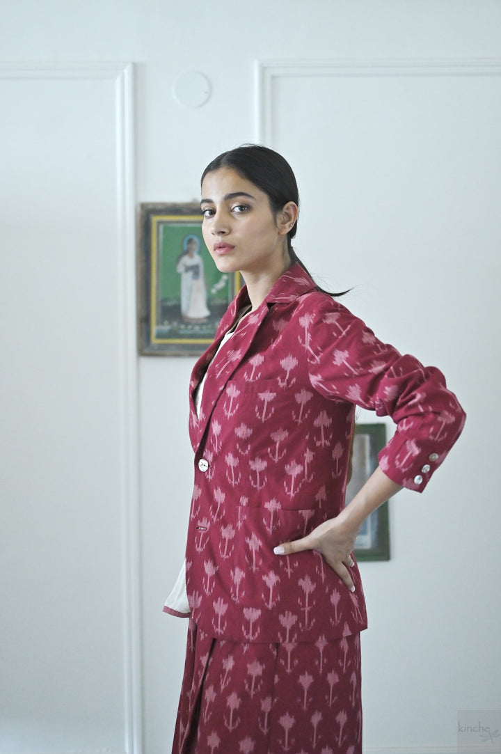 Beirut, Ikat Weave Blazer in Deep Red