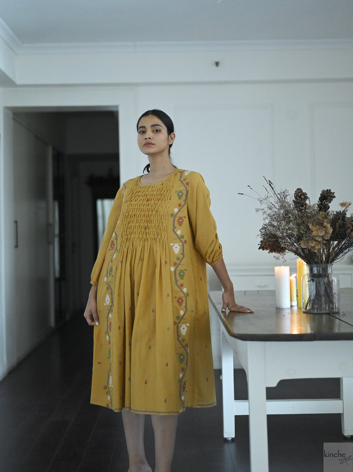Bankura, Hand Woven Jamdani Dress in Ochre with Smocking