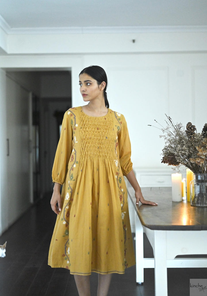 Bankura, Hand Woven Jamdani Dress in Ochre with Smocking
