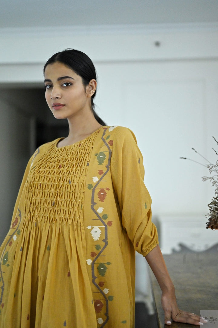 Bankura, Hand Woven Jamdani Dress in Ochre with Smocking