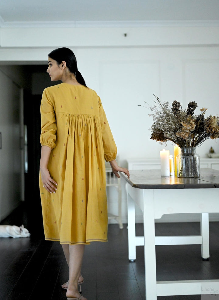 Bankura, Hand Woven Jamdani Dress in Ochre with Smocking