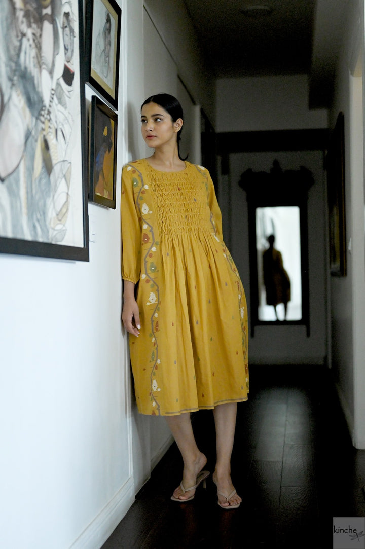 Bankura, Hand Woven Jamdani Dress in Ochre with Smocking