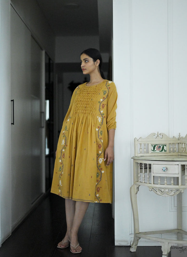 Bankura, Hand Woven Jamdani Dress in Ochre with Smocking