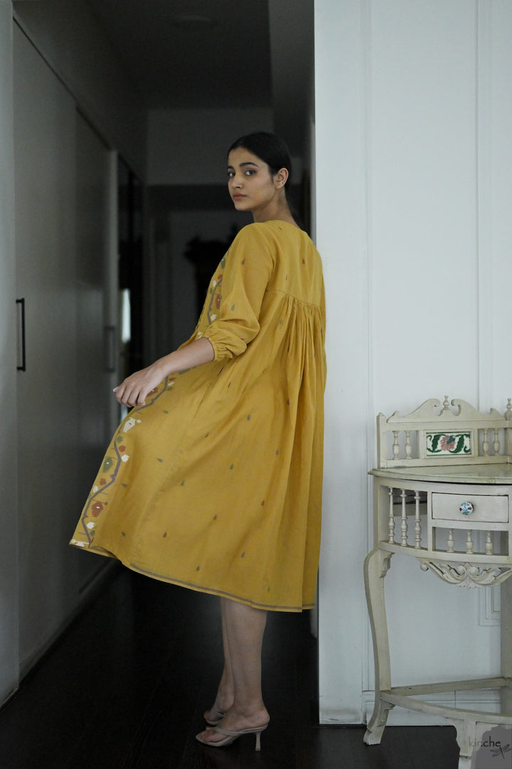 Bankura, Hand Woven Jamdani Dress in Ochre with Smocking