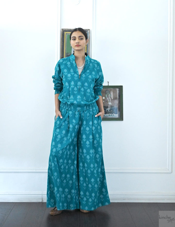 Termez,  Ikat weave Coord, Bomber & Trousers in Turquoise