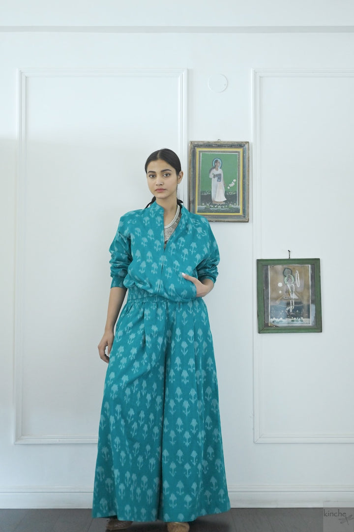 Termez,  Ikat weave Coord, Bomber & Trousers in Turquoise