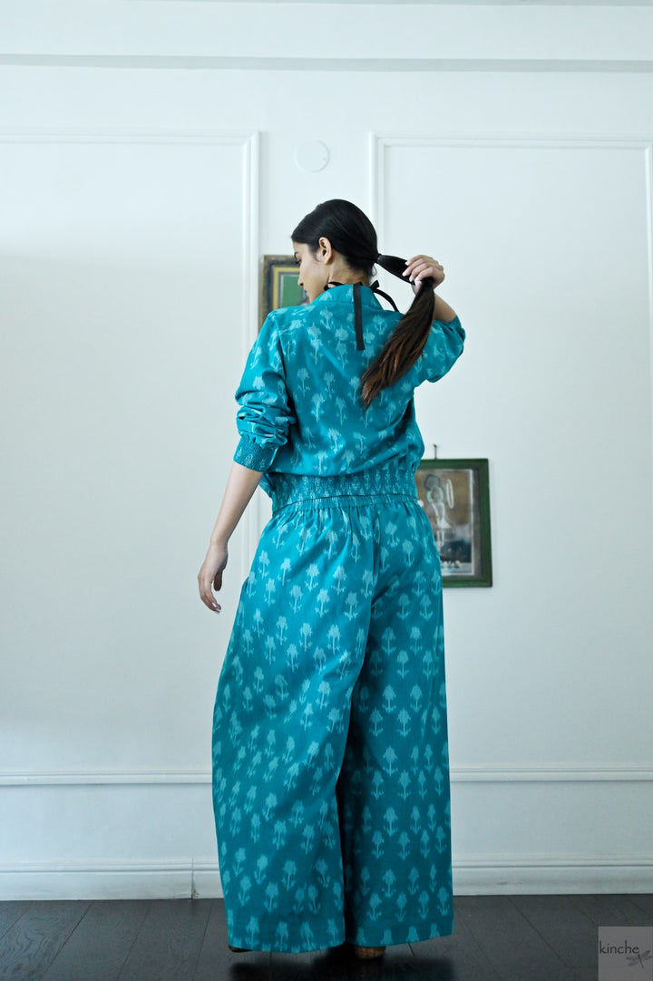 Termez,  Ikat weave Coord, Bomber & Trousers in Turquoise