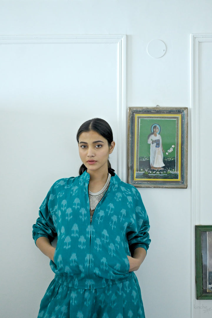 Termez,  Ikat weave Coord, Bomber & Trousers in Turquoise