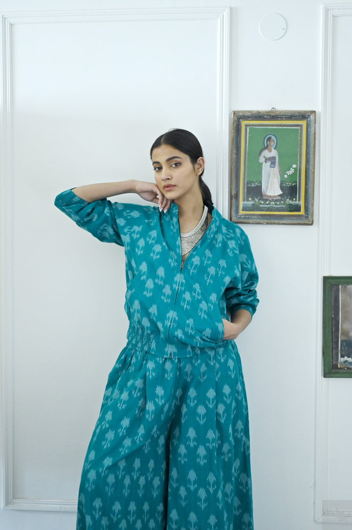 Termez,  Ikat weave Coord, Bomber & Trousers in Turquoise