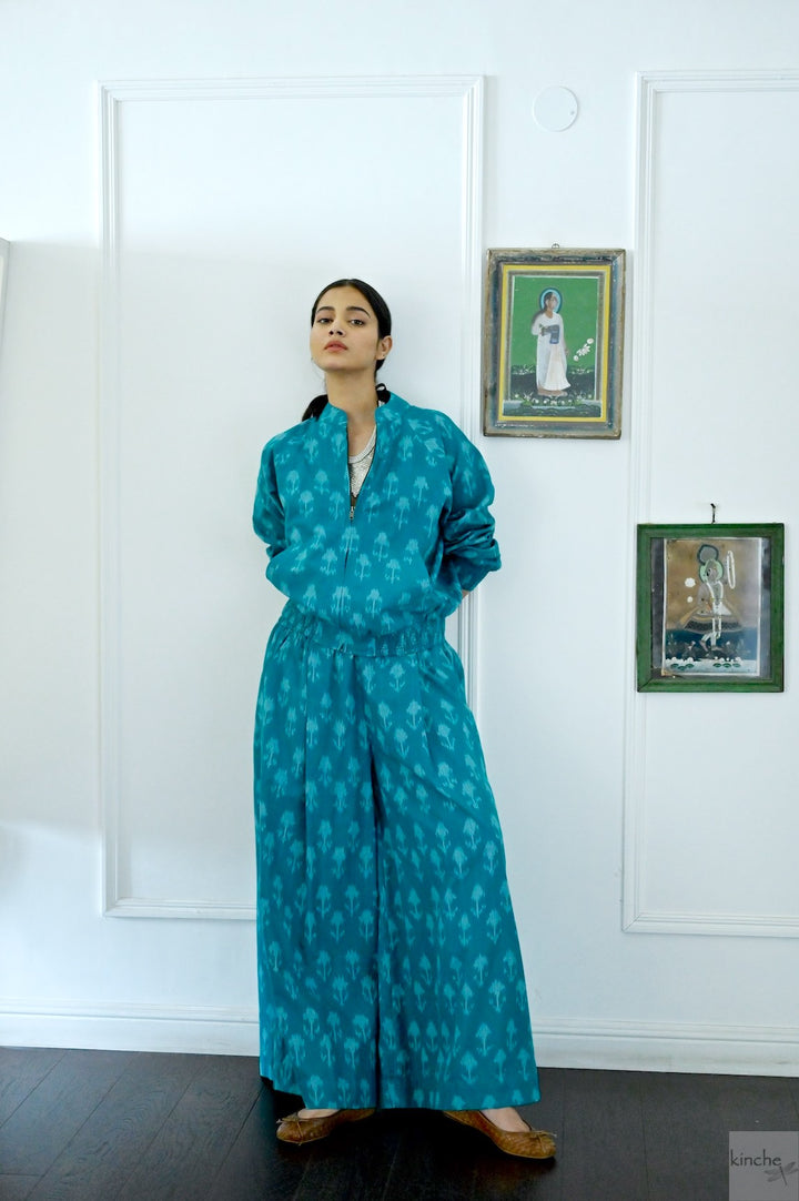 Termez,  Ikat weave Coord, Bomber & Trousers in Turquoise