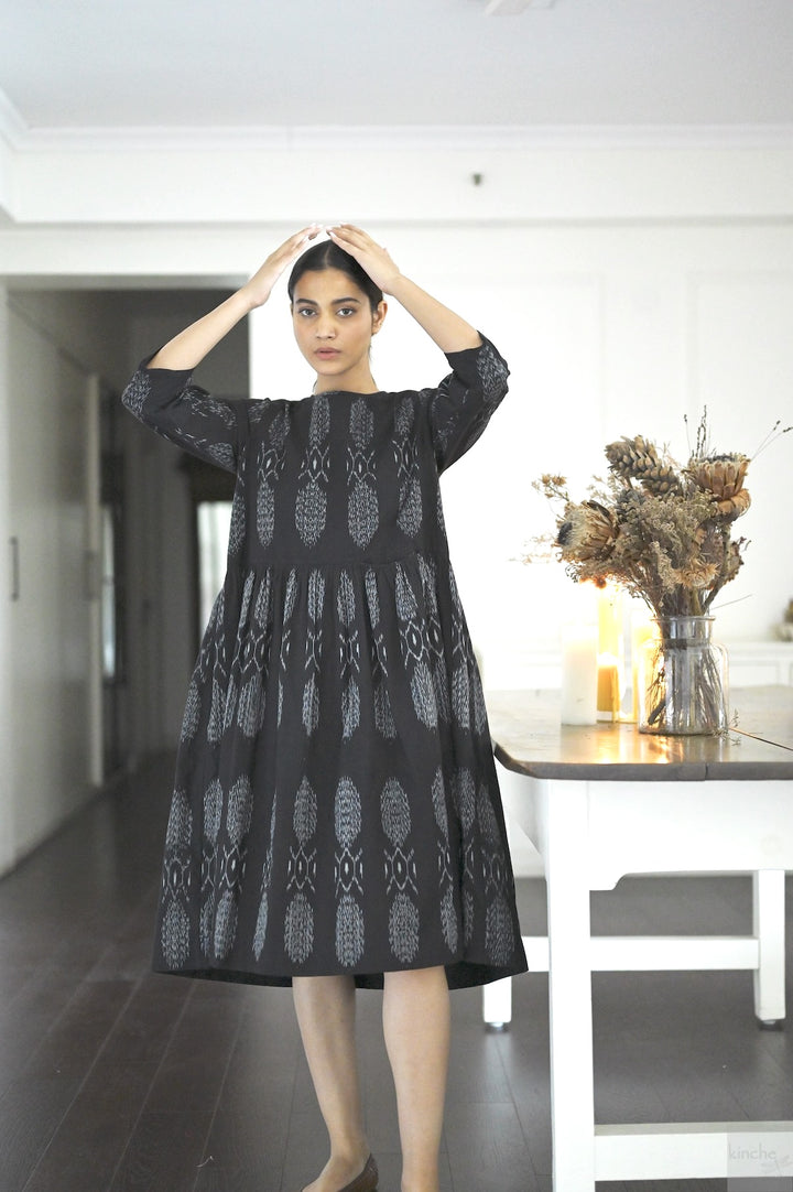Asaka, Hand Woven Ikat Black Dress, with Pockets