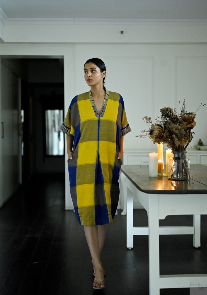 Ochre, Handmade upcycled Cotton Silk Saree Cocoon Dress