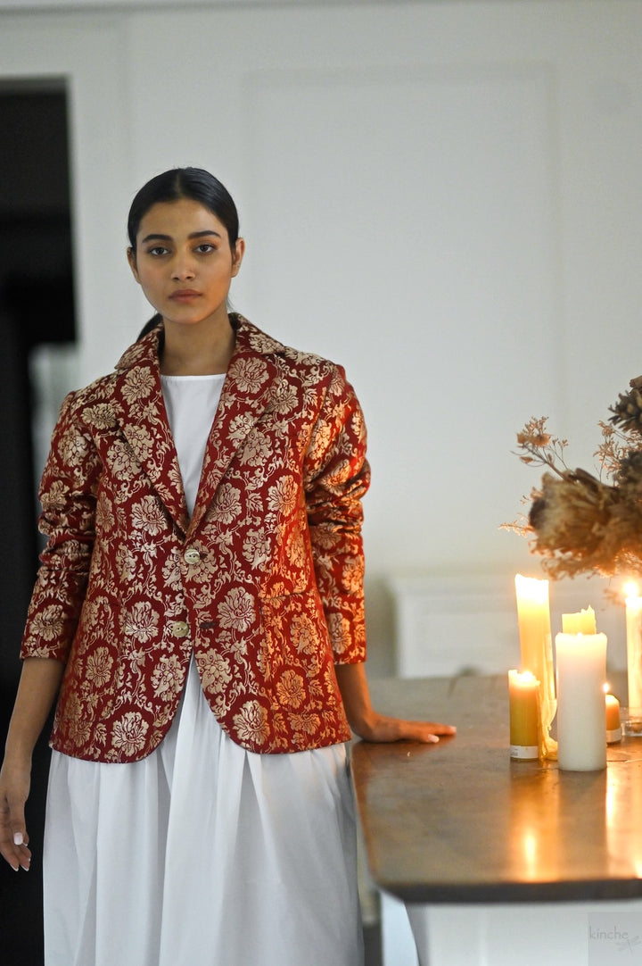 Tenges, Tibetan Silk & Copper Zari Blazer in Deep Red