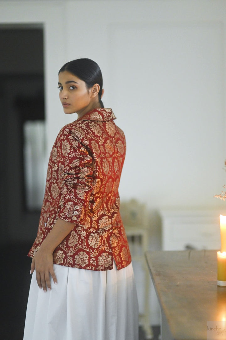 Tenges, Tibetan Silk & Copper Zari Blazer in Deep Red