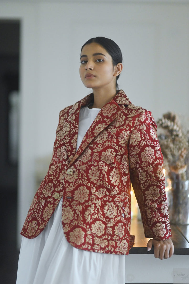 Tenges, Tibetan Silk & Copper Zari Blazer in Deep Red