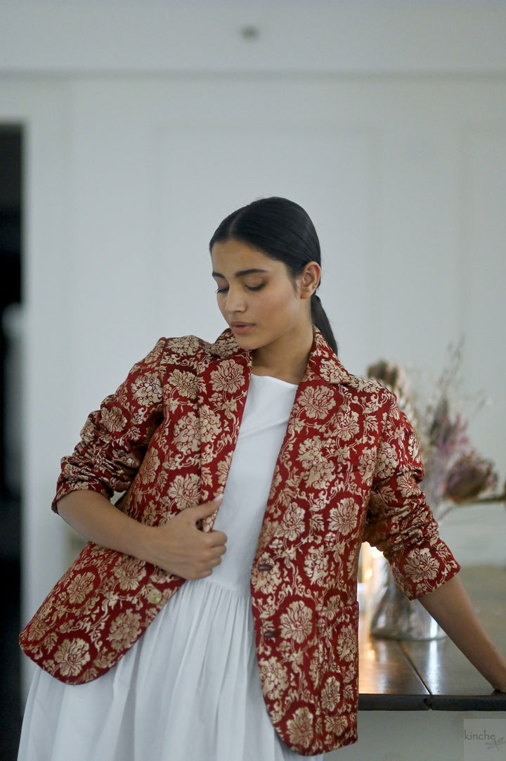 Tenges, Tibetan Silk & Copper Zari Blazer in Deep Red