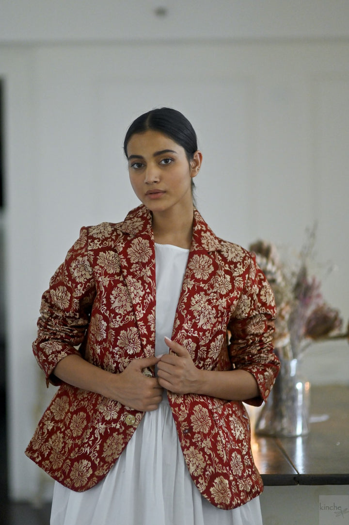 Tenges, Tibetan Silk & Copper Zari Blazer in Deep Red