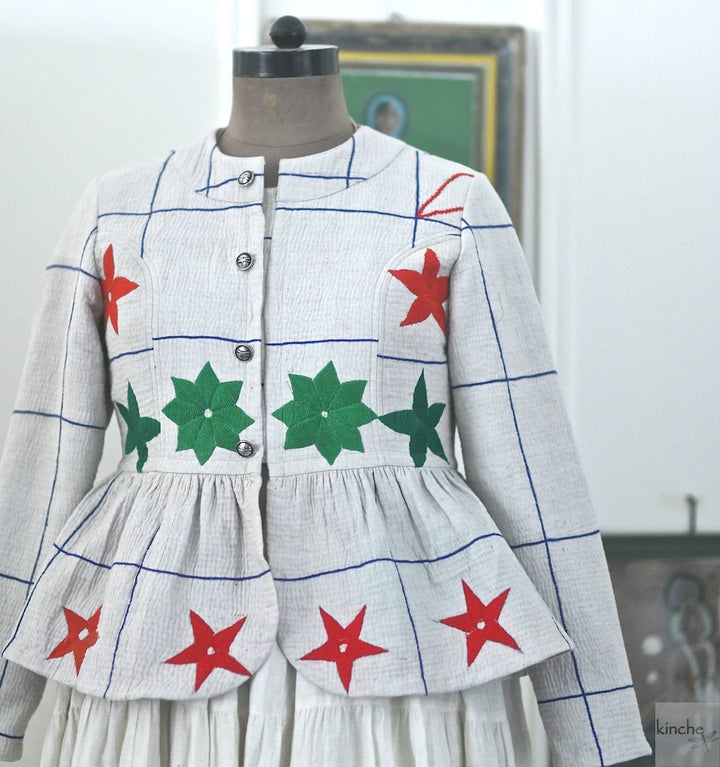 Medium, Jumo, Hand Embroidered Kantha peplum Jacket in White