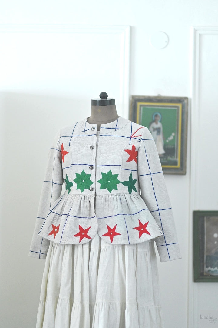 Medium, Jumo, Hand Embroidered Kantha peplum Jacket in White